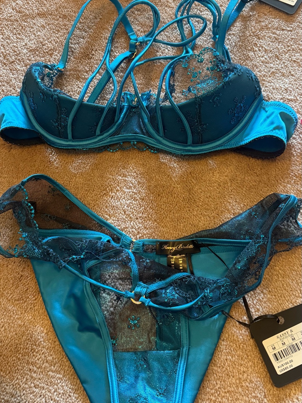 Honey Birdette Teal Lace Underwire Bra & Bikini Set